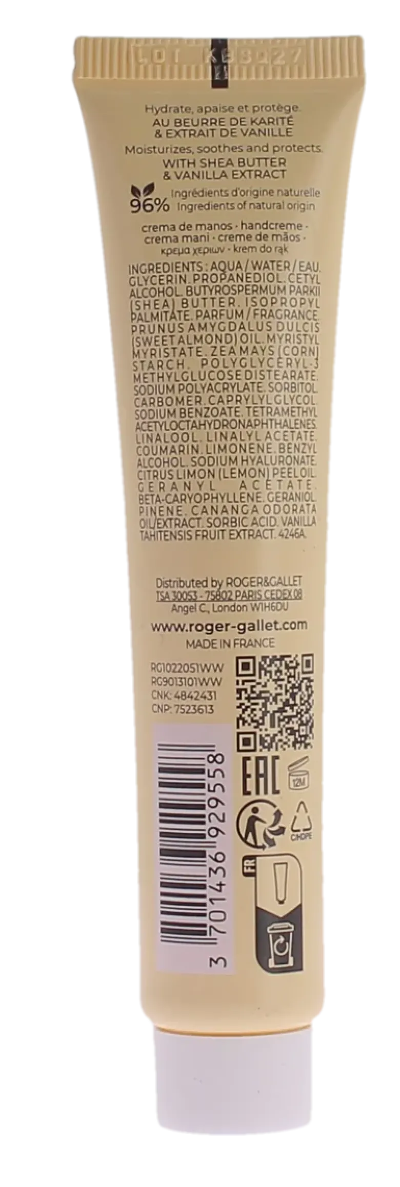 Crème mains bienfaisante vanille soleil Roger & Gallet - tube de 30ml