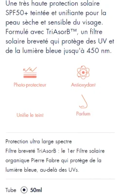 Crème solaire teintée SPF 50+ Avène - tube de 50 ml