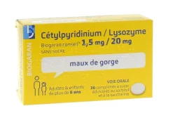 Cétylpyridinium Lysozyme 1,5 mg / 20 mg Biogaran - 36 comprimés à sucer