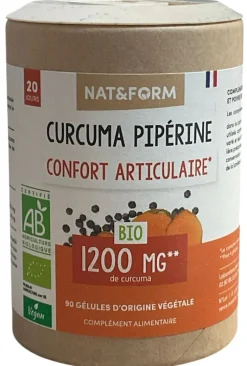 Curcuma Pipérine 1200mg Ecoresponsable confort articulaire Nat&Form - boite de 90 gélules