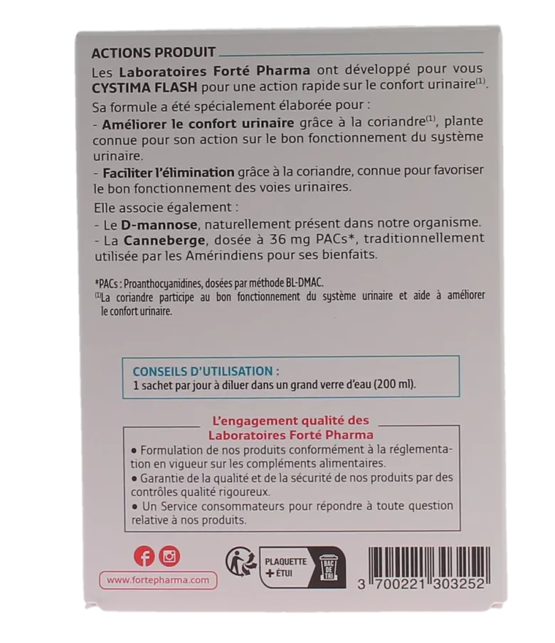 Cystima flash confort urinaire Forté pharma - boite de 5 sachets