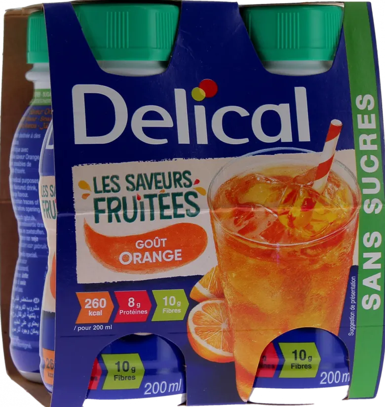 Delical Les saveurs fruitées Boisson sans sucres goût orange - 4 bouteilles de 200ml