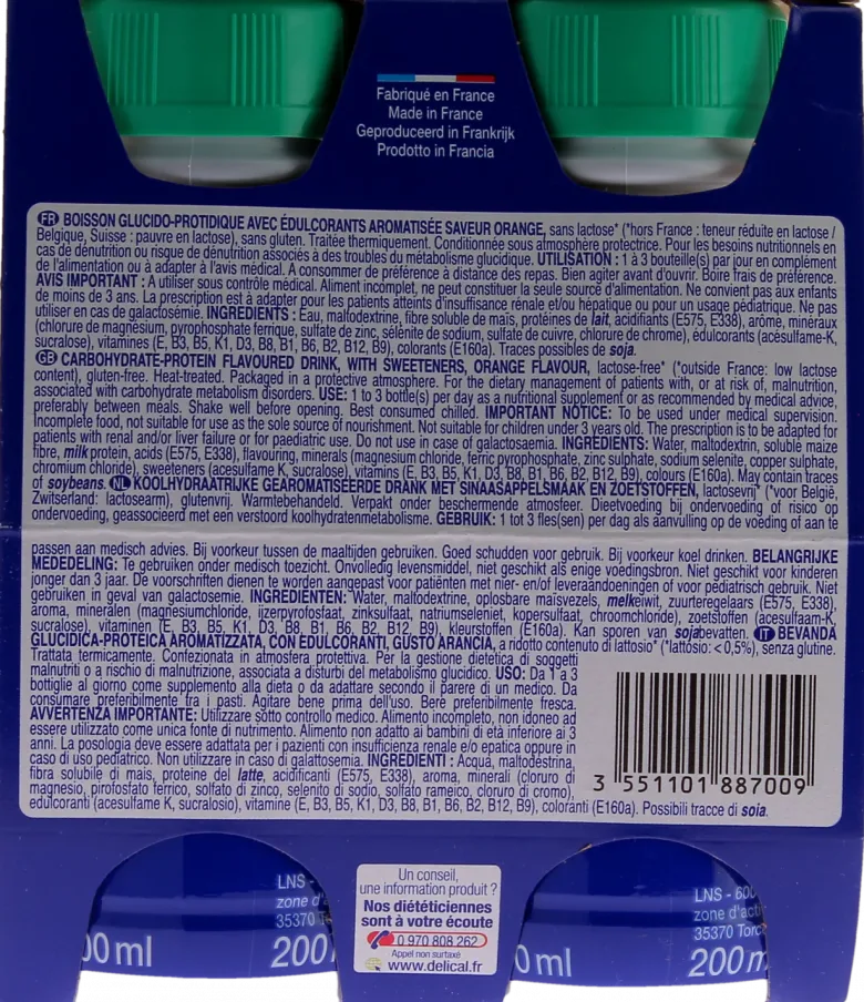 Delical Les saveurs fruitées Boisson sans sucres goût orange - 4 bouteilles de 200ml