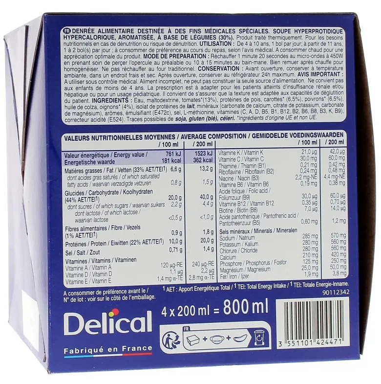 Delical Soupe HP/HC Velouté de légumes du soleil - 4 bols de 200ml