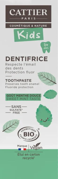 Dentifrice 7 ans et + goût menthe douce bio Cattier - tube 50 ml