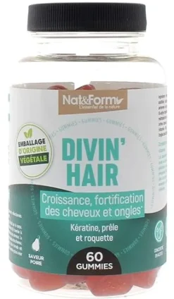 Divin'hair gummies croissance et fortification ongles et cheveux Nat&Form - pot de 60 gommes