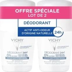 Déodorant 24h toucher sec peau sensible Vichy - lot de 2 roll-on bille de 50 ml
