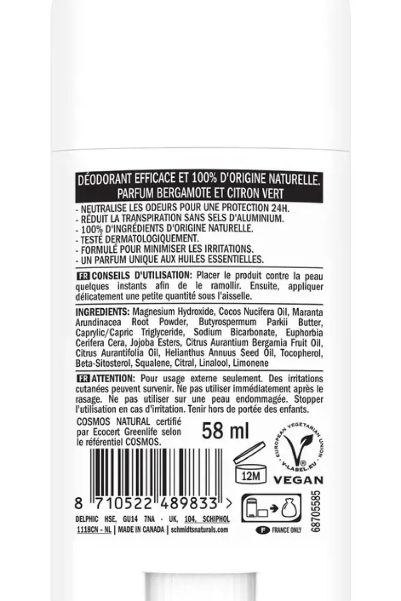 Déodorant naturel bergamote citron vert Schmidt's - stick de 75 g