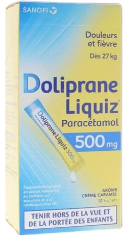 Doliprane Liquiz 500 mg sans sucre arôme crème caramel – 12 sachets