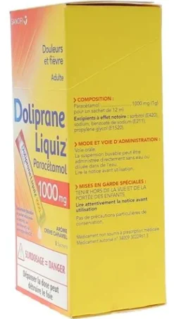 Doliprane Liquiz 1000mg sans sucre suspension buvable arôme crème caramel - boîte de 8 sachets