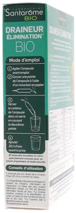 Draineur élimination bio Santarome - boite de 20 ampoules de 10 ml