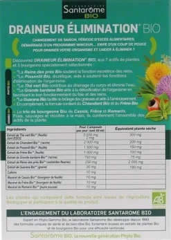 Draineur élimination bio Santarome - boite de 20 ampoules de 10 ml