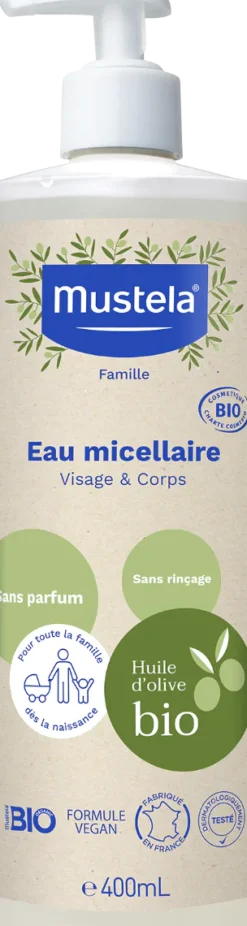 Eau micellaire sans parfum bio Mustela - flacon-pompe de 400 ml