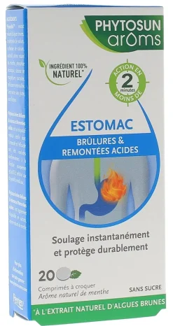 Estomac brûlures et remontées acides Phytosun Arôms - boîte de 20 comprimés à croquer