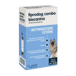 Fiprodog combo 134 mg/120,6 mg antiparasitaire externe moyens chiens (10-20kg) Biocanina - boîte de 3 pipettes de 1,34ml