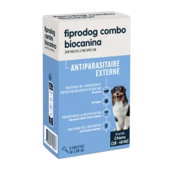 Fiprodog combo 268 mg/241,2 mg antiparasitaire externe grands chiens (20-40kg) Biocanina - boîte de 3 pipettes de 2,68ml