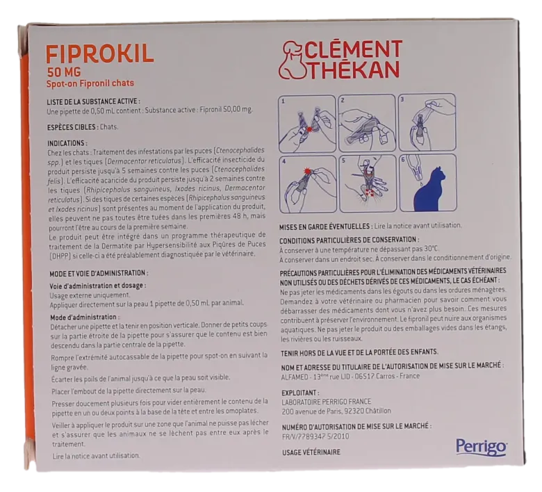 Fiprokil antiparasitaire externe chat 50mg Clément thékan - boite de 2 pipettes de 0.50ml
