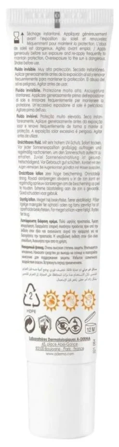 Fluide Invisible Protect SPF50+ A-Derma - tube de 40 ml