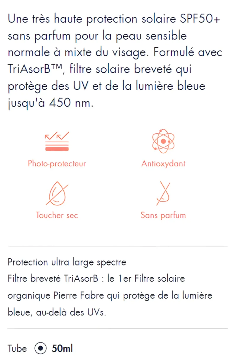 Fluide solaire sans parfum SPF 50+ Avène - flacon de 50 ml
