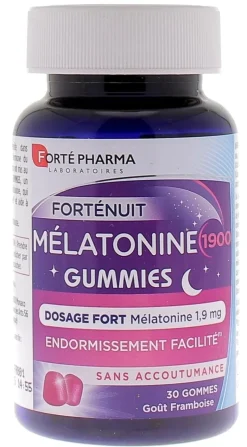Forté Nuit Mélatonine 1900 goût framboise Forté Pharma - pot de 30 gummies