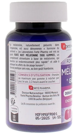 Forté Nuit Mélatonine 1900 goût framboise Forté Pharma - pot de 30 gummies