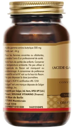 GABA (Acide Gamma-Aminobutyrique) 500 mg Solgar - boîte de 50 gélules végétales