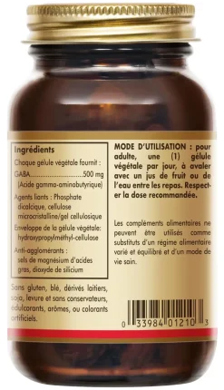 GABA (Acide Gamma-Aminobutyrique) 500 mg Solgar - boîte de 50 gélules végétales
