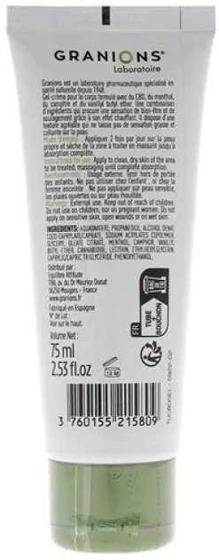 Gel-crème confort CBD effet chauffant Granions - tube de 75 ml