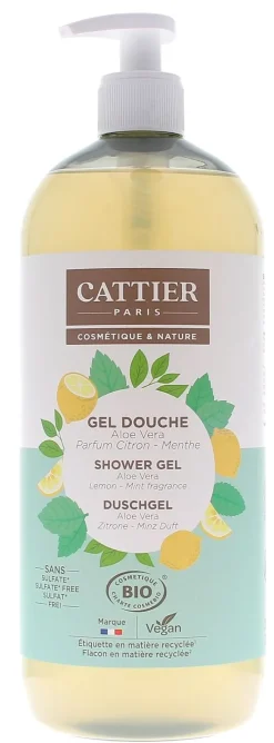 Gel douche Aloe vera citron menthe bio Cattier - flacon-pompe de 1 L
