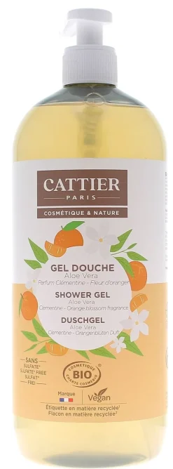 Gel douche Aloe vera clémentine fleur d'oranger bio Cattier - flacon-pompe de 1 L