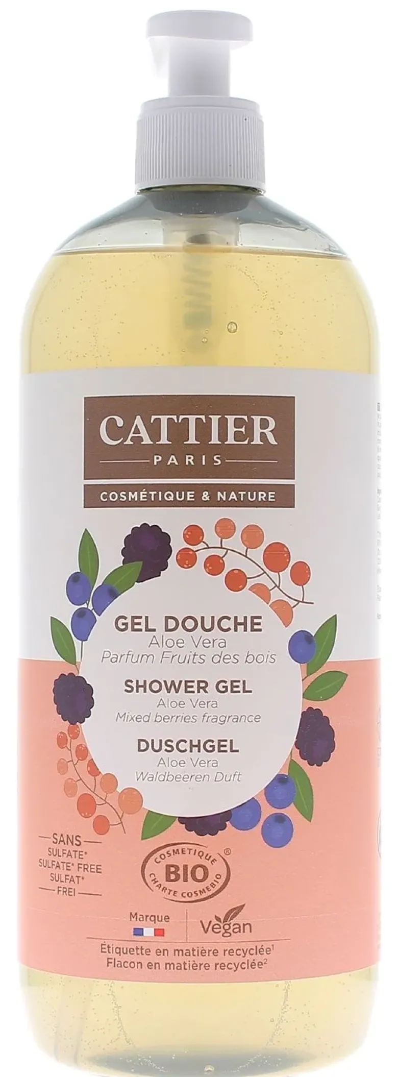 Gel douche Aloe vera fruits des bois bio Cattier - flacon-pompe de 1 L