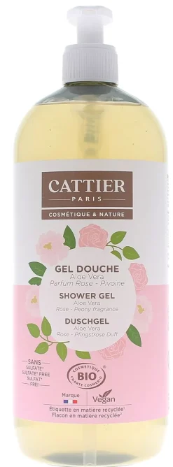 Gel douche Aloe vera rose pivoine bio Cattier - flacon-pompe de 1L