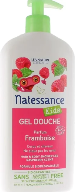 Gel douche bio framboise Natessance Kids - flacon pompe de 500 ml