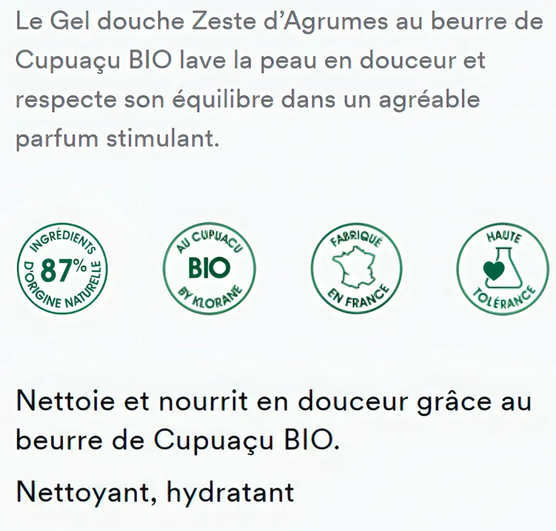 Gel douche nutritif au beurre de Cupuaçu bio Zestes d'Agrumes Klorane - tube de 200 ml