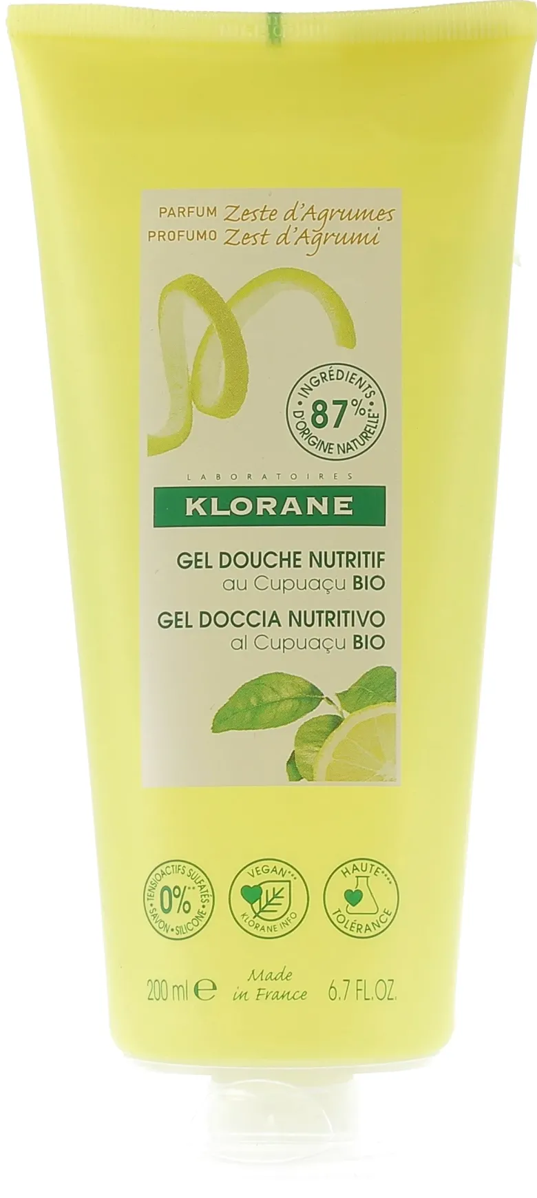 Gel douche nutritif au beurre de Cupuaçu bio Zestes d'Agrumes Klorane - tube de 200 ml