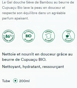 Gel douche nutritif au Cupuaçu bio Sève de Bambou Klorane - tube de 200 ml