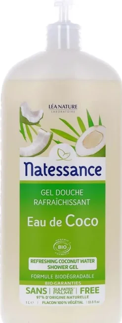 Gel douche rafraîchissant Eau de coco Bio Natessance - Flacon pompe de 1 L