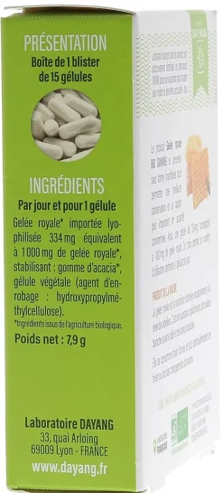 Gelée royale bio Dayang - boîte de 15 gélules végétales