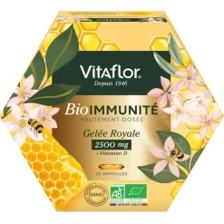 Gelée royale 2500 mg Vitamine D bio Vitaflor - boîte de 20 ampoules