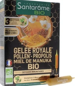 Gelée royale pollen propolis miel de Manuka bio Santarome - boîte de 20 ampoules