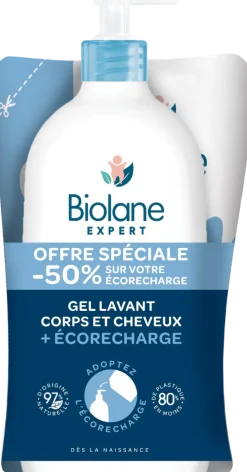 Gel lavant corps et cheveux + eco-recharge Biolane - flacon-pompe et recharge de 500ml
