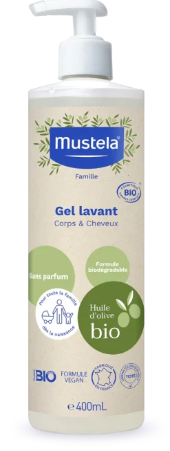 Gel lavant corps et cheveux sans parfum bio Mustela - flacon-pompe de 400 ml