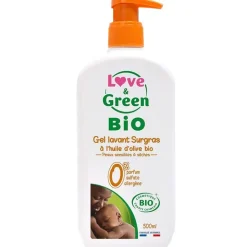 Gel lavant surgras à l'huile d'olive bio Love & Green - flacon-pompe de 500 ml