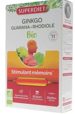 Ginkgo guarana rhodiole bio stimulant mémoire Super Diet - boîte de 20 ampoules