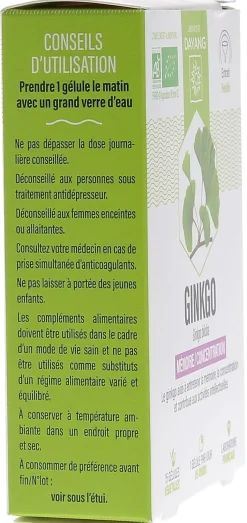 Ginkgo mémoire concentration bio Dayang - boîte de 15 gélules