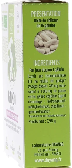 Ginkgo mémoire concentration bio Dayang - boîte de 15 gélules