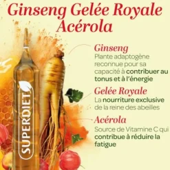 Ginseng gelée royale acérola bio Super Diet - boite de 20 ampoules de 10ml