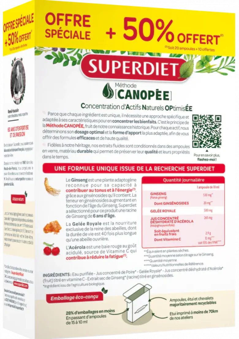 Ginseng gelée royale et acérola Bio Super Diet - boite de 20 ampoules + 10 ampoules offertes