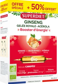 Ginseng gelée royale et acérola Bio Super Diet - boite de 20 ampoules + 10 ampoules offertes