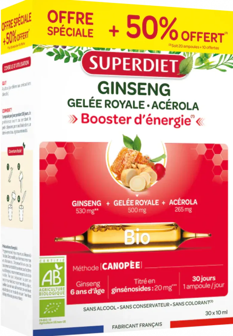 Ginseng gelée royale et acérola Bio Super Diet - boite de 20 ampoules + 10 ampoules offertes